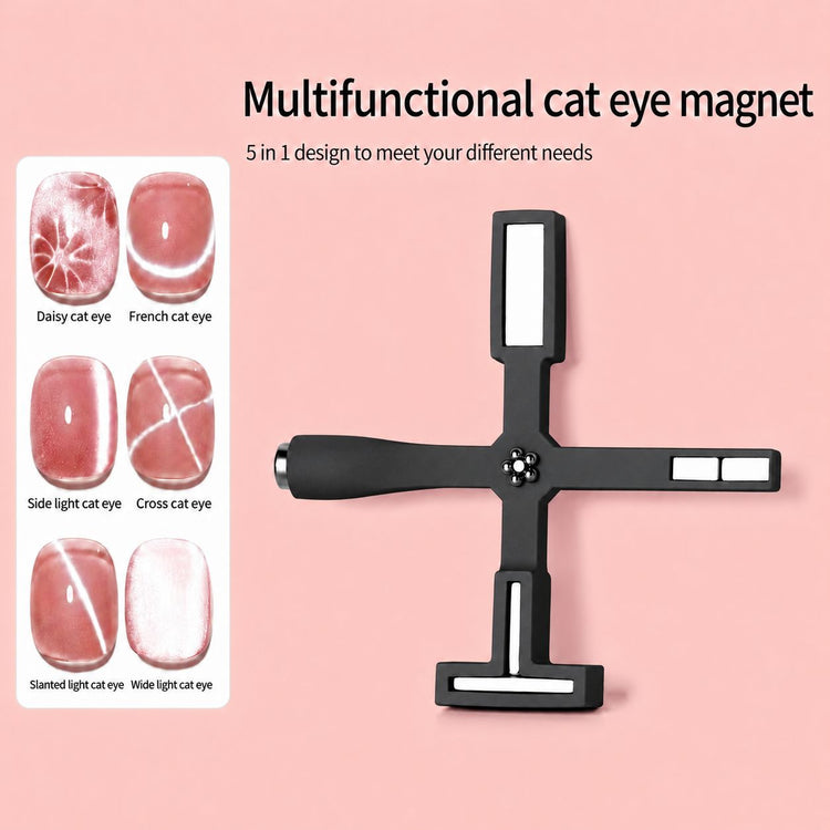 Black 5-in-1 cat-eye magnet tool for creating daisy, French, side-light, cross, slanted and wide magnetic gel effects