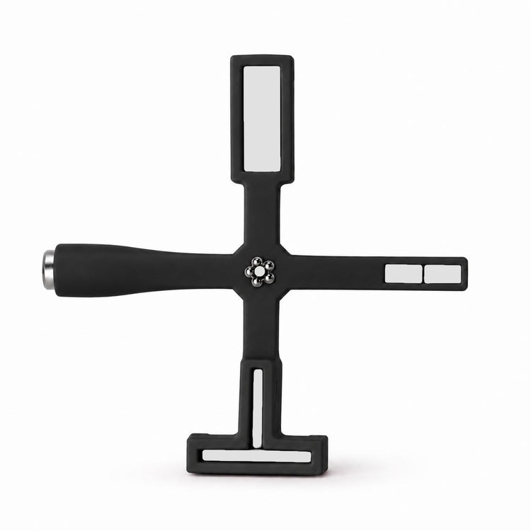 Black 5-in-1 cross magnet tool for creating multiple cat-eye effects with magnetic gel nail polish