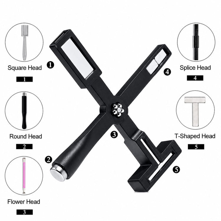 Black 5-in-1 cat-eye magnet tool with square, round, flower, splice and T-shaped heads for magnetic gel nail art