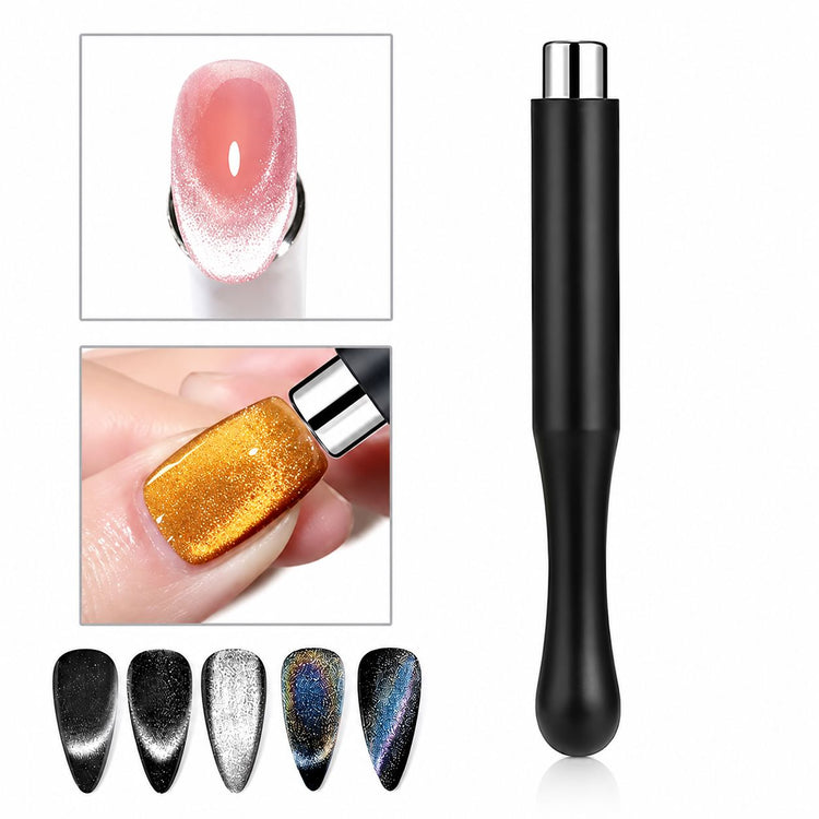 Black cat-eye magnet tool creating shimmer effects in magnetic gel nail polish