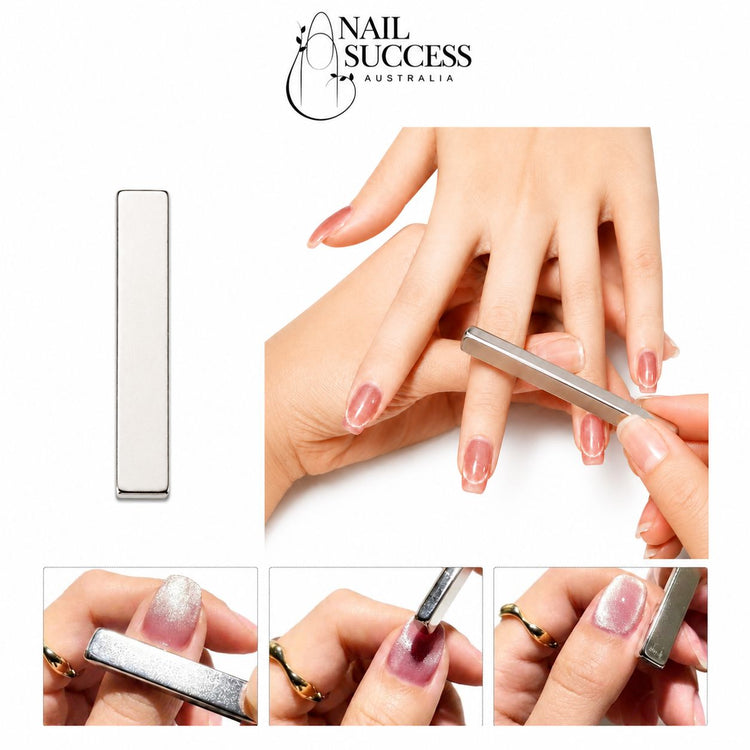 Silver cat-eye magnet bar tool creating shimmer patterns and gradient effects in magnetic gel polish