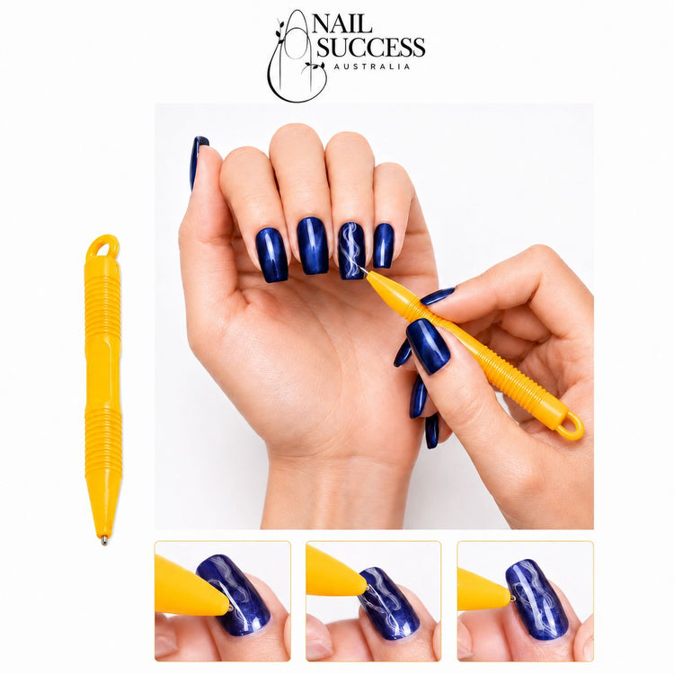 Orange precision cat-eye magnet pen shown step by step creating white swirl effects in blue magnetic gel polish