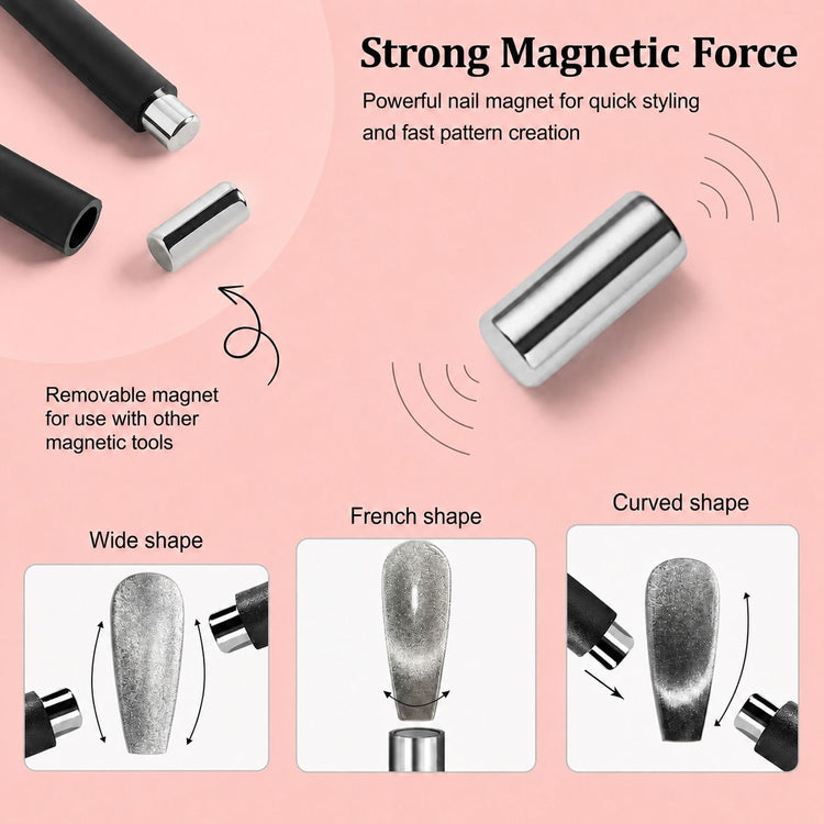 Removable cat-eye nail magnet tool creating wide, French and curved magnetic gel polish effects