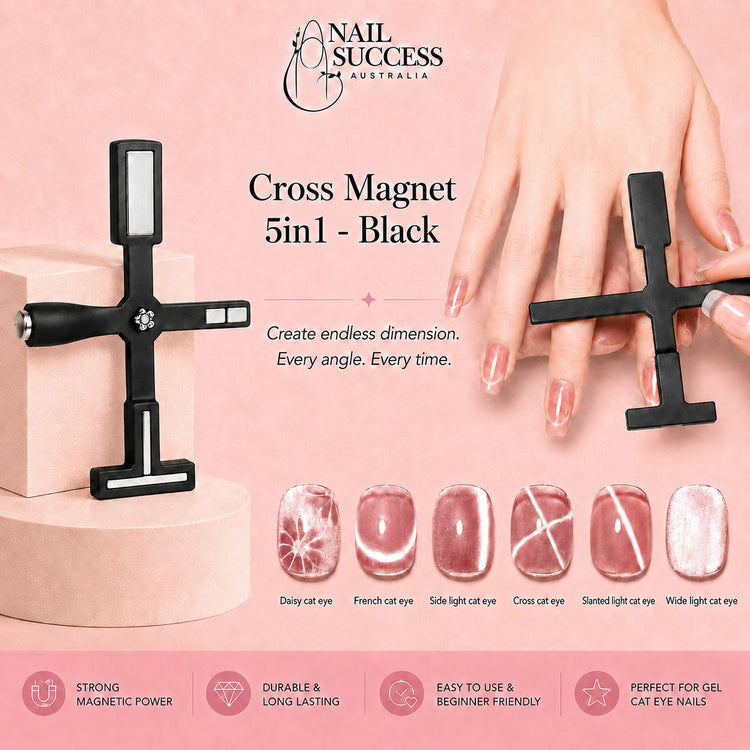 Nail Success Australia black 5-in-1 cross magnet tool creating six cat-eye gel polish effects