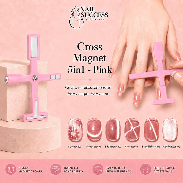 Pink 5-in-1 cross magnet tool creating six cat-eye magnetic gel polish effects – Nail Success Australia