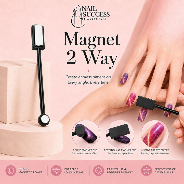 Two-way cat-eye nail magnet tool with round and rectangular ends for creating circular and linear magnetic gel effects