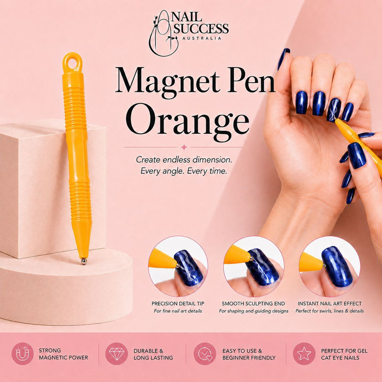 Orange cat-eye magnet pen with precision detail tip for creating swirls, lines and dimensional magnetic gel polish effects