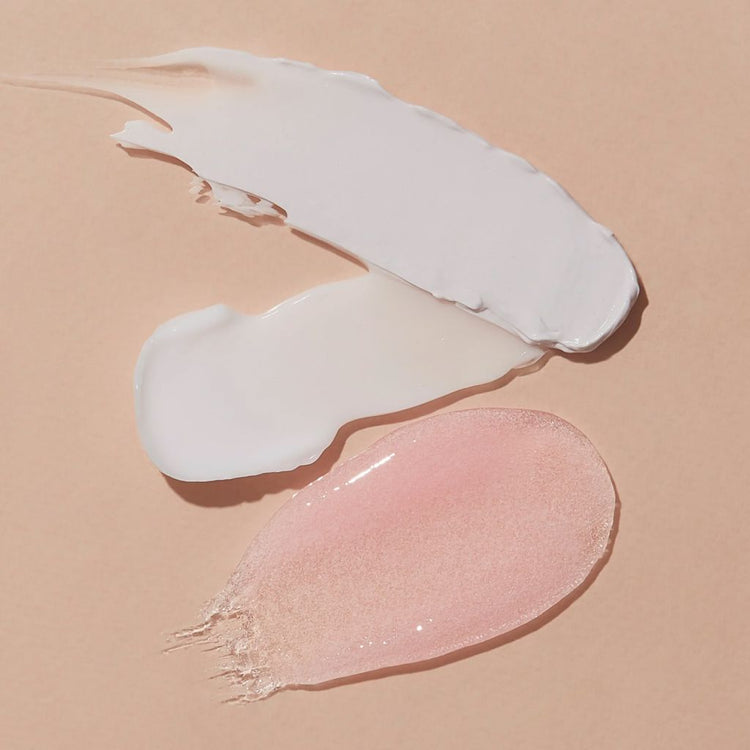 VOESH New York Mani Moments Vitamin Recharge manicure kit texture swatches with cream and glossy serum on nude background