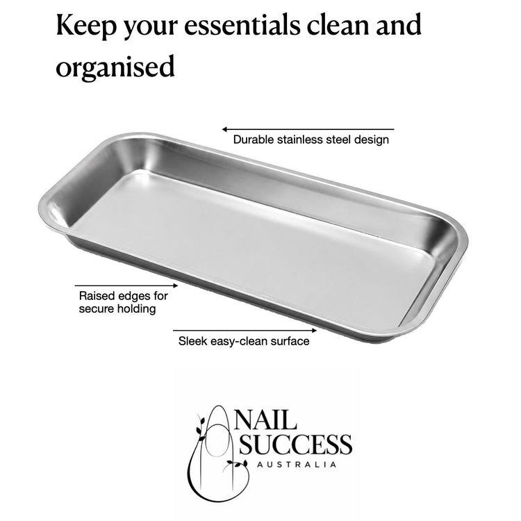Stainless steel manicure nail tray with raised edges and easy-clean surface, NSI Australia