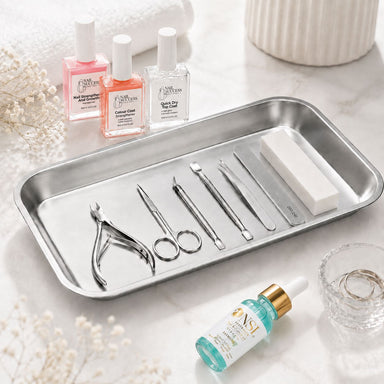 Stainless steel manicure nail tray with salon tools and nail care products, NSI Australia