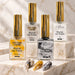 NSI Marble Ink Polish bottles on white stone steps with marbled nail tips