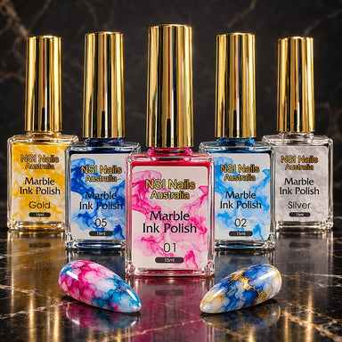 NSI Marble Ink Polish bottles with marble-effect nail tips on a dark background