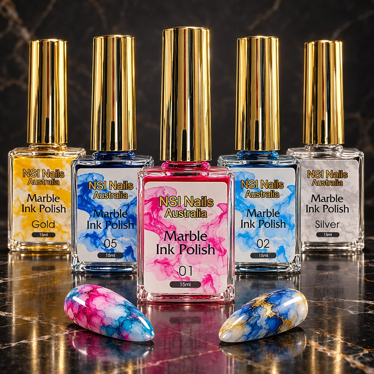 NSI Marble Ink Polish bottles with marble-effect nail tips on a dark background
