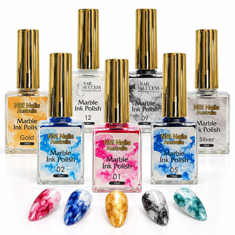 NSI Marble Ink Polish range of 15ml bottles with marbled nail art tips in front