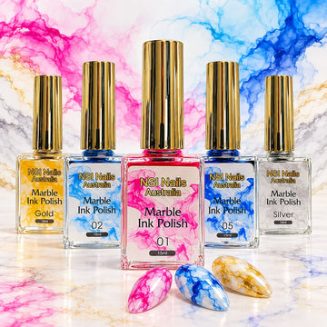 NSI Marble Ink Polish nail art watercolour, five 15ml bottles on a colourful marbled background