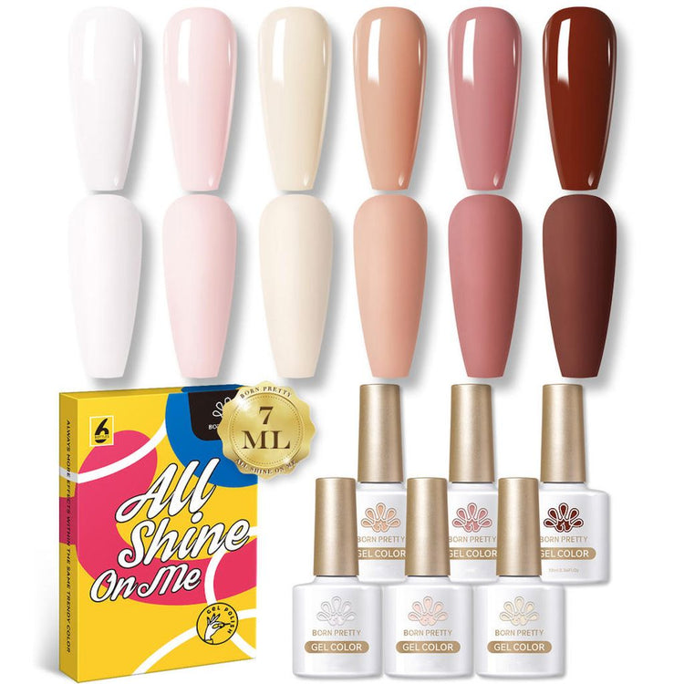 Born Pretty Maria Rose series gel polish set – 6 nude and pink 7ml gel colours with swatch tips and gift box.