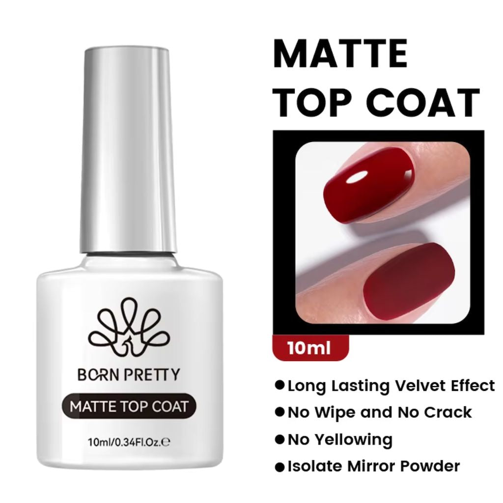 Born Pretty Matte Top Coat gel — 10ml no-wipe nail top coat with long-lasting velvet matte finish, anti-yellowing and crack-resistant