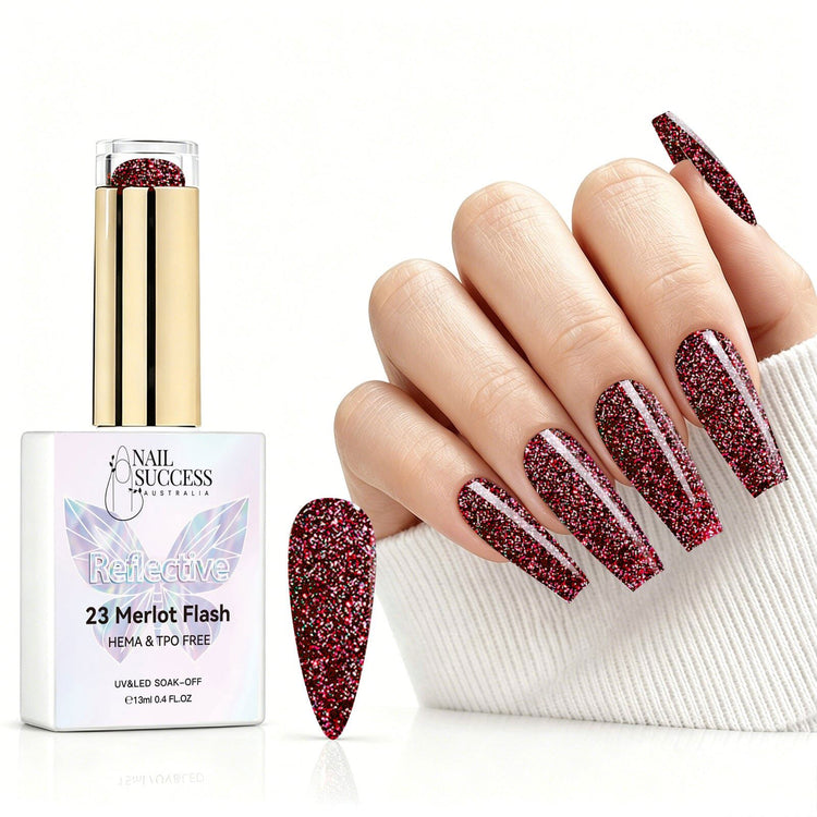 Merlot Flash reflective gel polish with pink glitter swatch and matching manicure for HEMA and TPO free salon nails