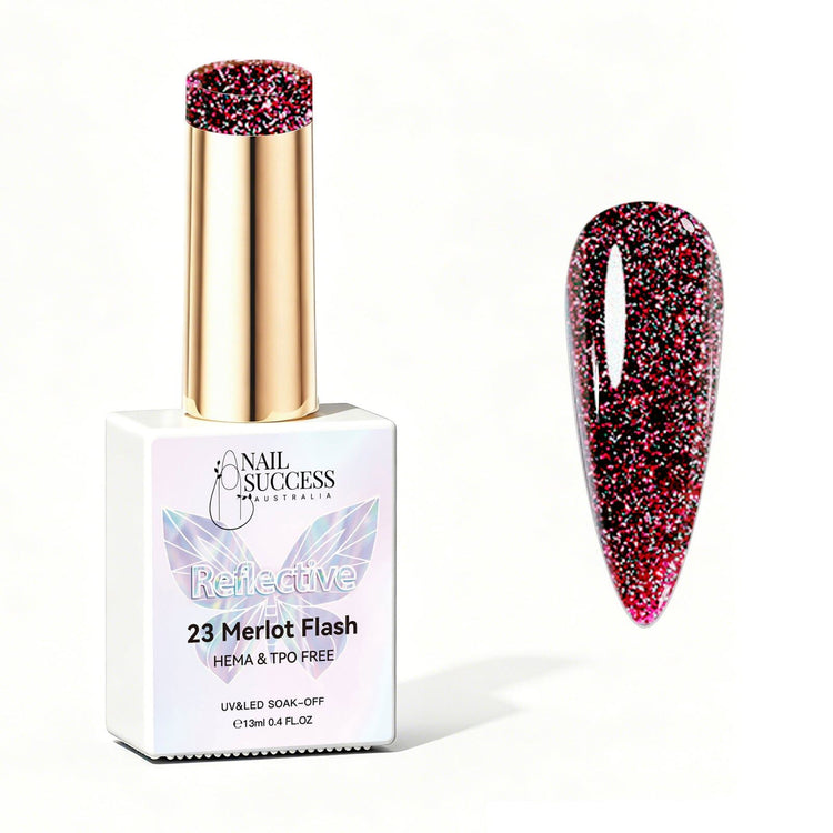 Nail Success Australia Merlot Flash reflective glitter gel polish bottle with glossy nail colour swatch