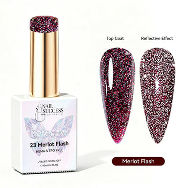 Nail Success Australia Merlot Flash reflective glitter gel polish with top coat and reflective effect swatches