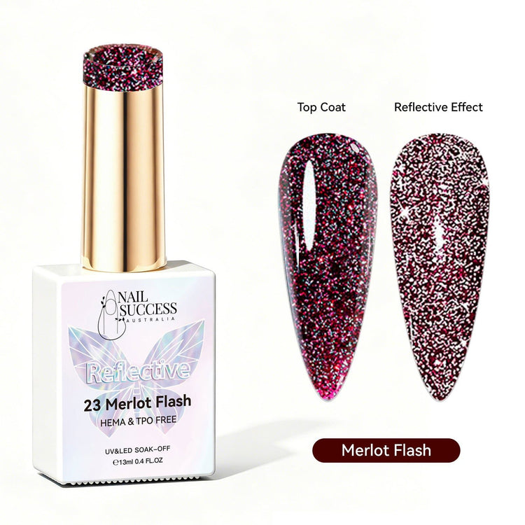 Nail Success Australia Merlot Flash reflective glitter gel polish with top coat and reflective effect swatches