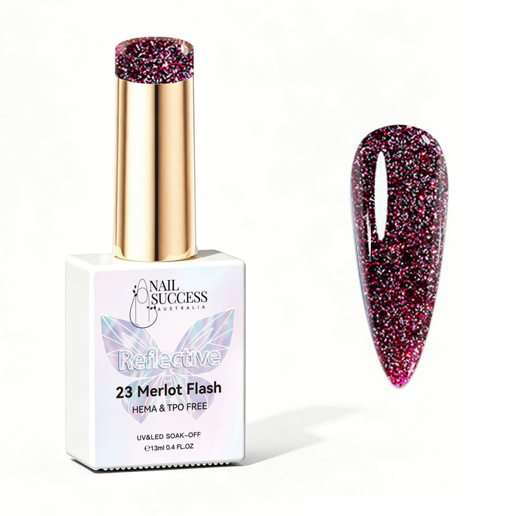 Nail Success Australia Merlot Flash reflective glitter gel polish bottle with glossy nail colour swatch