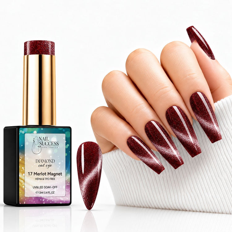 Nail Success Merlot Magnet 17 cat eye gel polish with matching swatch and burgundy coffin nails featuring silver shimmer bands.
