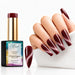 Nail Success Merlot Magnet 17 cat eye gel polish with matching swatch and burgundy coffin nails featuring silver shimmer bands.
