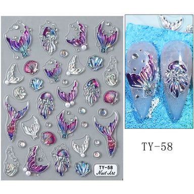 TY-58 mermaid tail nail art stickers with iridescent shells, jellyfish, pearls and ocean nail design sample
