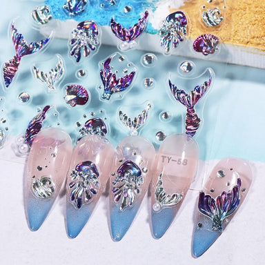 TY-58 mermaid tail nail art stickers with iridescent jellyfish, shells, pearls and blue ocean nail design sample