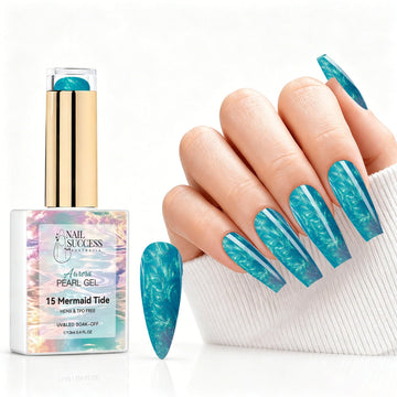 Mermaid Tide aurora pearl gel polish with turquoise pearl shimmer swatch and matching manicure for HEMA and TPO free salon nails