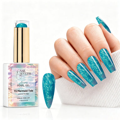 Mermaid Tide aurora pearl gel polish with turquoise pearl shimmer swatch and matching manicure for HEMA and TPO free salon nails