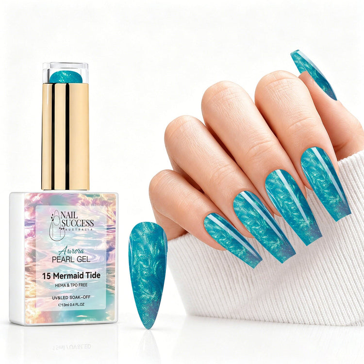 Mermaid Tide aurora pearl gel polish with turquoise pearl shimmer swatch and matching manicure for HEMA and TPO free salon nails