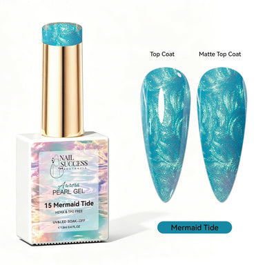 Mermaid Tide Aurora Pearl Gel Polish with turquoise pearl shimmer swatches in top coat and matte finish
