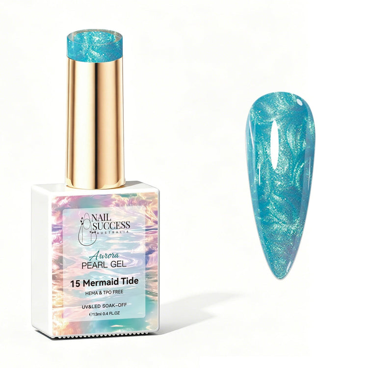 Mermaid Tide Aurora Pearl Gel Polish with turquoise pearl shimmer swatch and glossy nail finish