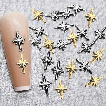 Gold and silver metal star nail charms on nude tip – 3D celestial studs for gel/acrylic nails, NSI Australia