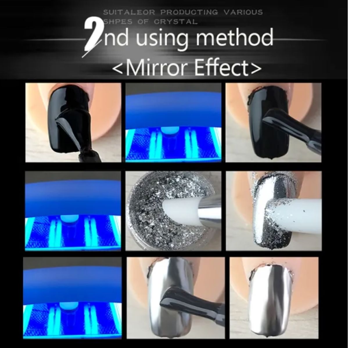 LED cure, rub chrome powder, seal with top coat