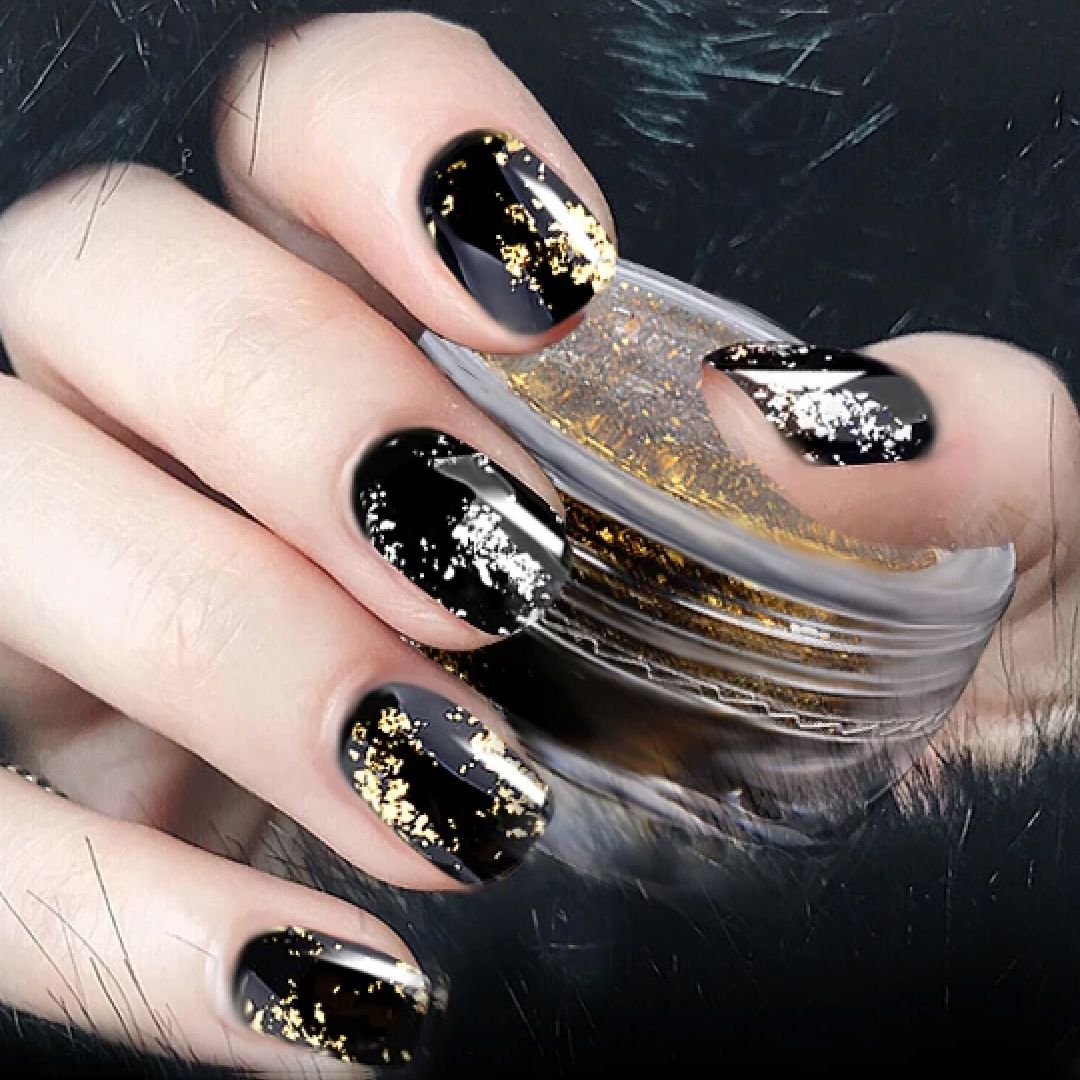 Black manicure with gold and silver metallic chrome flakes—nail art foil powder in jar, flake or mirror effect by NSI Australia