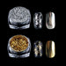 Metallic chrome nail flakes set in silver and gold for gel nails — flake or mirror effect, jars with black nail swatches