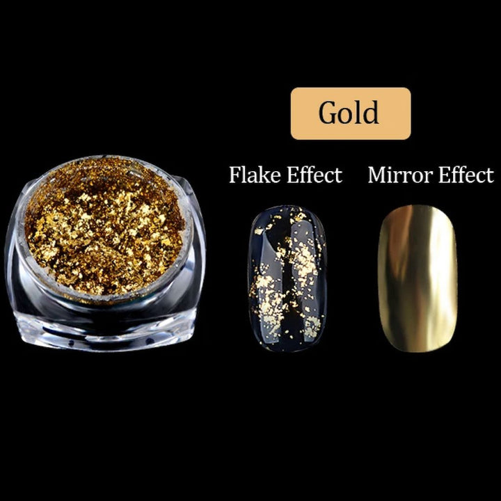 Gold chrome flakes nail art powder — metallic pigment for gel nails, creates flake or mirror chrome effect manicure