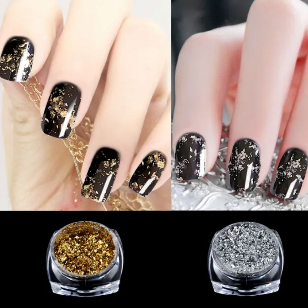 Gold and silver metallic chrome flakes on black gel nails—foil flake nail art manicure set, NSI Australia