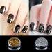 Gold and silver metallic chrome flakes on black gel nails—foil flake nail art manicure set, NSI Australia