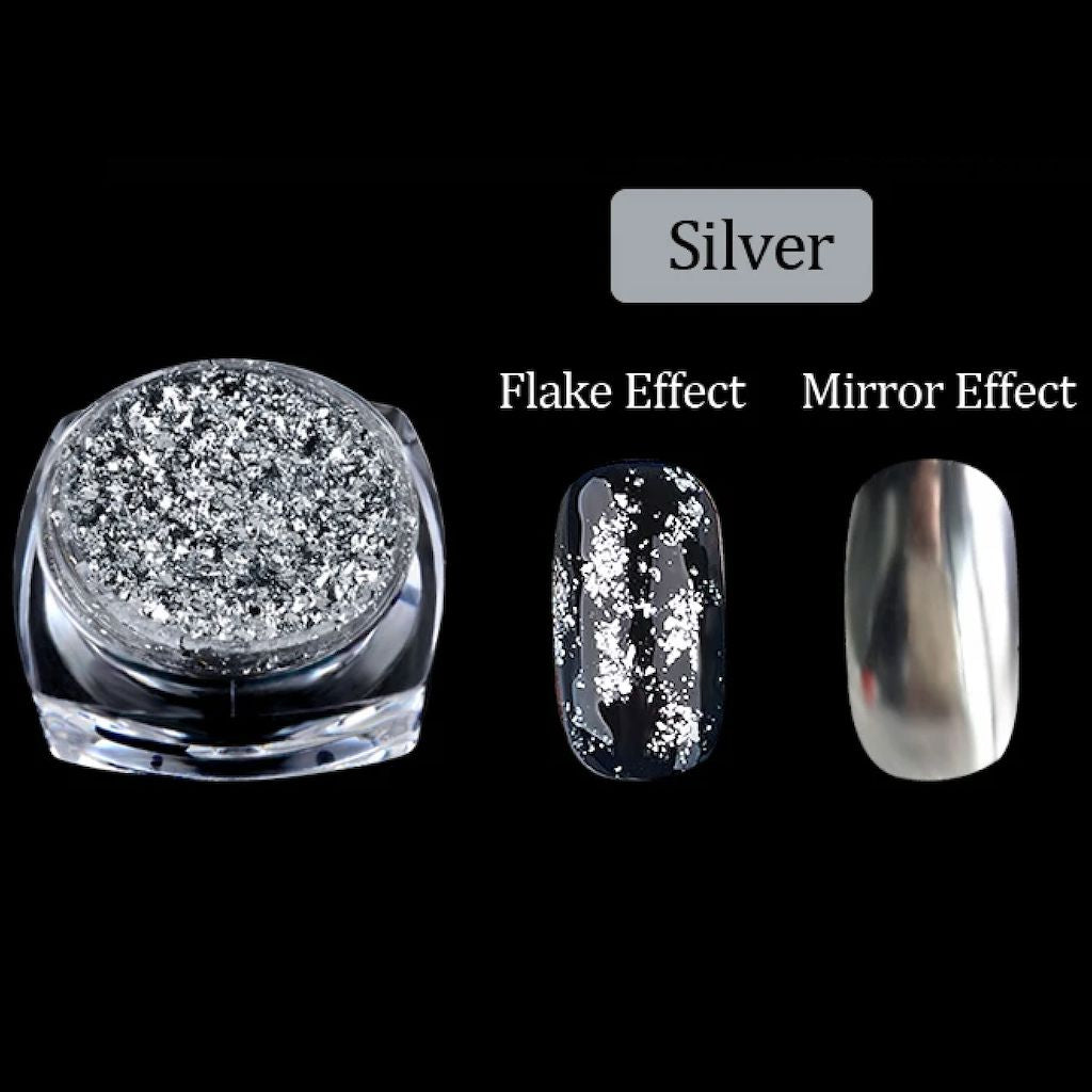 Silver chrome flakes nail art powder—flake or mirror effect on nails, jar and swatches, NSI Australia
