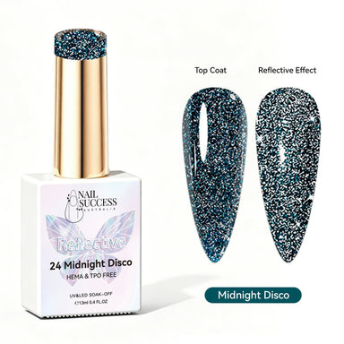 Nail Success Australia Midnight Disco reflective glitter gel polish with top coat and reflective effect swatches