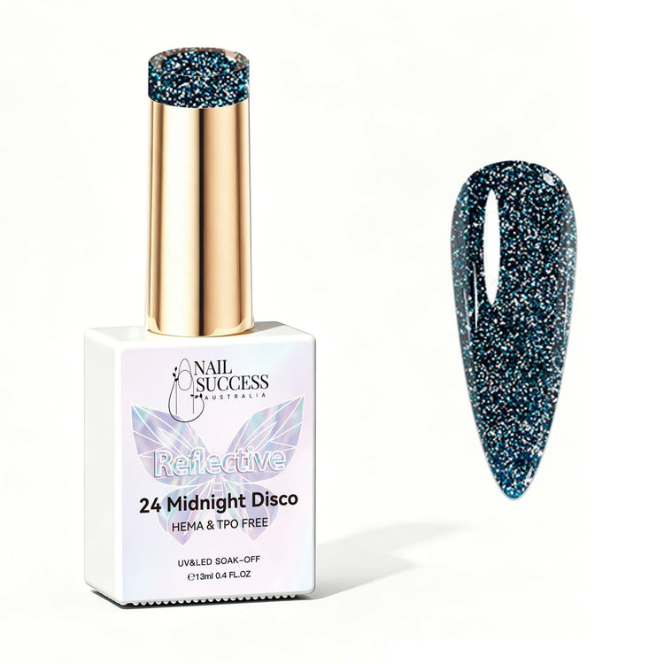 Nail Success Australia Midnight Disco reflective glitter gel polish bottle with glossy nail colour swatch