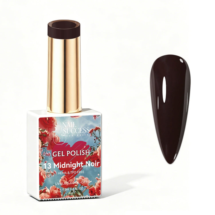 Nail Success Australia Midnight Noir dark gel polish bottle with glossy nail colour swatch