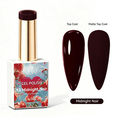 Nail Success Australia Midnight Noir dark gel polish with glossy and matte nail colour swatches
