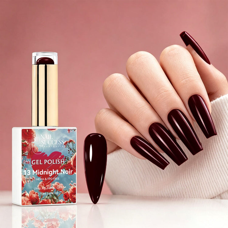 NSI Australia Midnight Noir dark burgundy gel polish with glossy deep wine manicure and swatch, shade 13