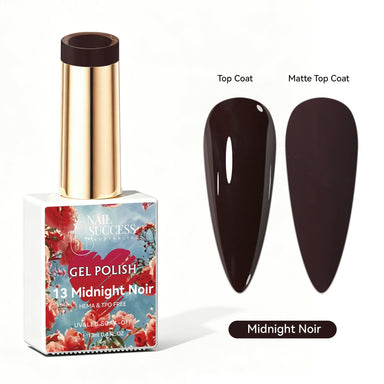 Nail Success Australia Midnight Noir dark gel polish with glossy and matte nail colour swatches