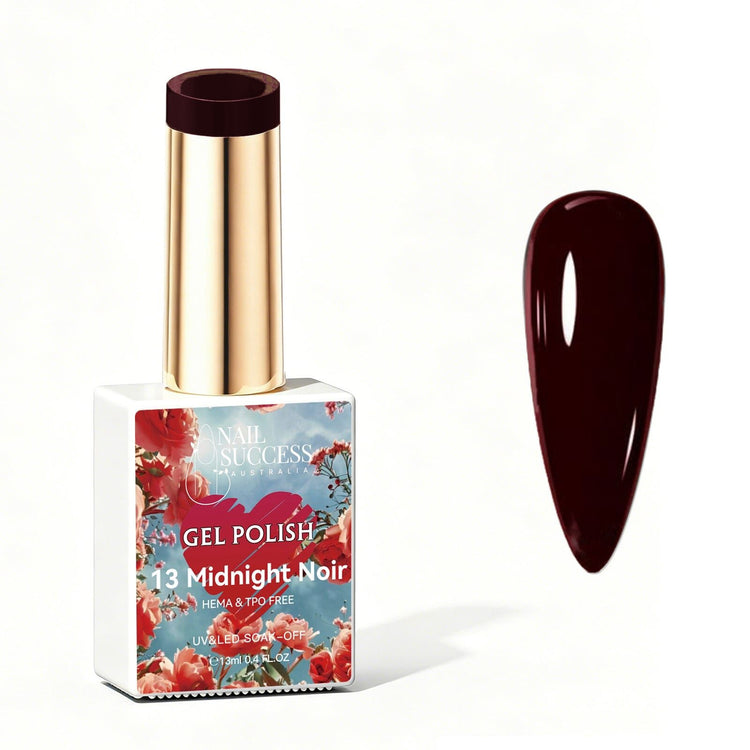 Nail Success Australia Midnight Noir dark gel polish bottle with glossy nail colour swatch